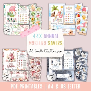 May include: A collection of printable seasonal mystery saving challenges. The designs include themes for spring, summer, autumn, and winter. Each set includes instructions and various themed illustrations. The text on the image reads "44X ANNUAL MYSTERY SAVERS A6 Cash Challenges".