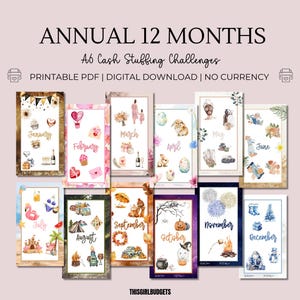 Puede incluir: Doce tarjetas imprimibles con ilustraciones de acuarela para un desafío de llenado de efectivo de 12 meses. Cada tarjeta presenta un mes diferente del año y una ilustración única. Las tarjetas están etiquetadas con el mes y tienen un espacio para los montos "cada" y "total".