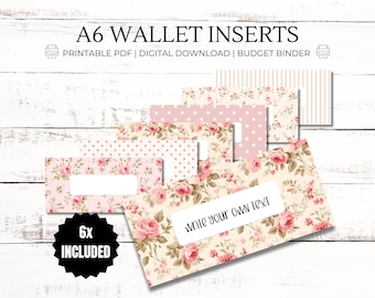 Puede incluir: Un conjunto de seis insertos de billetera A6 para carpeta de presupuesto, con varios patrones que incluyen rosas rosadas, lunares blancos y rayas verticales. El texto A6 WALLET INSERTS, PRINTABLE PDF, DIGITAL DOWNLOAD, BUDGET BINDER y 6X INCLUDED es visible.