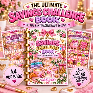 Puede incluir: Libro The Ultimate Savings Challenge con portada floral rosa, encuadernación en espiral dorada y el texto 30 Fun & Interactive Ways to Save. Incluye libro en PDF A4 y 30 tarjetas de desafío A6 con ilustraciones de alcancías, bebidas y dulces.