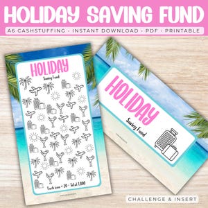 May include: Two printable holiday saving fund inserts. The inserts feature a tropical beach scene with palm trees, airplanes, suitcases, and cocktail icons. The text "HOLIDAY SAVING FUND" is displayed in pink. The inserts are designed for A6 cash stuffing.