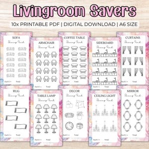 May include: Ten printable A6-sized sheets with black and white outlines of various living room furniture and decor items. Each sheet has a title, such as "Sofa Saving Fund", "Armchair Saving Fund", "Coffee Table Saving Fund", "Sideboard Saving Fund", "Curtains Saving Fund", "Rug Saving Fund", "Table Lamp Saving Fund", "Decor Saving Fund", "Ceiling Light Saving Fund", and "Mirror Saving Fund".