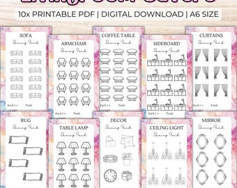 May include: Ten printable A6-sized sheets with black and white outlines of various living room furniture and decor items. Each sheet has a title, such as "Sofa Saving Fund", "Armchair Saving Fund", "Coffee Table Saving Fund", "Sideboard Saving Fund", "Curtains Saving Fund", "Rug Saving Fund", "Table Lamp Saving Fund", "Decor Saving Fund", "Ceiling Light Saving Fund", and "Mirror Saving Fund".