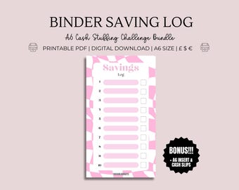Binder Savings Log Tracker - A6 Printable Wallet Tracker, US UK Euro, Cash Stuffing Budgeting Tool, Log all of your Money Saving Challenges