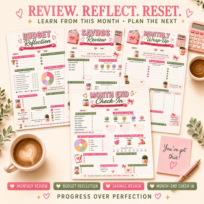 May include: A set of four printed budget and savings planner sheets featuring pink and green accents, titled Budget Reflection, Savings Review, Monthly Wrap-Up, and Month End Check-In. The pages include sections for tracking income, expenses, savings goals, and reflections, decorated with small illustrations of hearts, potted plants, and piggy banks.