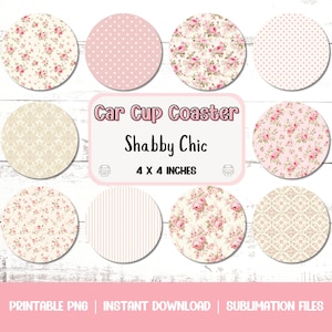 Paquete de posavasos para automóvil: archivo PNG digital de 4 x 4 pulgadas, rosa Shabby Chic, descarga instantánea, diseño de sublimación, gráfico imprimible, accesorios para posavasos para automóvil