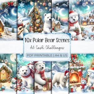 May include: A collection of 10 printable polar bear scenes for A6 cash challenges, featuring illustrations of polar bears in winter landscapes with Christmas trees, fireplaces, and snow. The text reads 10x Polar Bear Scenes A6 Cash Challenges.