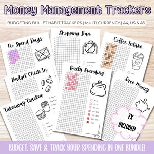 May include: A set of money management trackers with titles such as "No Spend Days" and "Daily Spending." The pages include grids, charts, and illustrations of items like a credit card, purse, and coffee cup. Text includes "Budget, Save & Track Your Spending in One Bundle!"