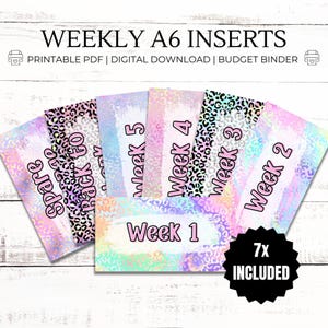 Insertos semanales con purpurina: formato A6 en formato PDF para imprimir, para rellenar dinero en efectivo, para guardar billetes, para guardar presupuestos, para etiquetar con cremallera, para añadir dinero en efectivo, para crear sobres