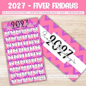 Puede incluir: Una hoja de desafío de ahorro A6 imprimible con un patrón de chevrón rosa y morado. El diseño incluye el texto 2027 Fiver Fridays y una cuadrícula de calendario con las fechas de cada viernes del año, terminando con un ahorro total de 2651.