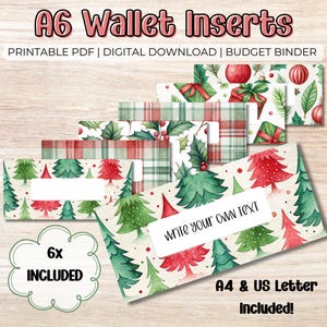 May include: A6 wallet inserts with a Christmas theme. The inserts feature watercolor illustrations of Christmas trees, plaid patterns, and holiday ornaments. The text "Write your own text" is visible on one insert. Includes A4 and US Letter sizes.
