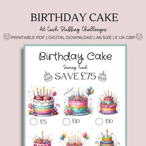 Birthday Cake Saver, A6 Wydrukuj PDF, Niskie Oszczędności Śledzenie, Okazja Gotówka Wypchanie, Roczny Planer Budżetu, Money Saving Challenge UK