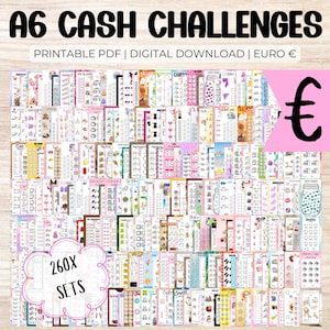 Puede incluir: Una colección de desafíos de efectivo A6 con varios diseños. La imagen presenta el texto "A6 CASH CHALLENGES" y "PRINTABLE PDF | DIGITAL DOWNLOAD | EURO €". La imagen también incluye el texto "260X SETS" y un símbolo de Euro.