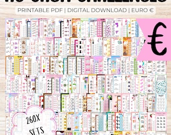 Bundel met geldbesparende uitdagingen: A6-formaat afdrukken pdf downloaden, geld opvullen, budgetteringstrackerbundel, budgetbinder, geldenvelopsysteem EURO