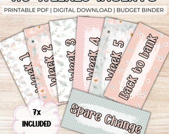 May include: Seven printable A6 weekly budget inserts with a floral design. The inserts include labels for weeks 1-5, a "Back to bank" label, and a "Spare Change" label. The inserts are designed for use in a budget binder.