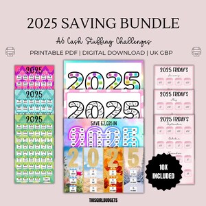 May include: A printable 2025 saving bundle with 10 cash stuffing challenges. The bundle includes a calendar with a colorful design, a black and white calendar, and a set of 10 printable cash stuffing envelopes. The text "Save £2,025 in 2025" is visible on the calendar.