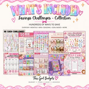 Puede incluir: Una colecci&oacute;n digital de rastreadores de desaf&iacute;os de ahorro A6 imprimibles con varios temas como mensuales, estacionales y de cuidado personal. El gr&aacute;fico incluye texto como WHAT'S INCLUDED, Savings Challenges - Collection y This Girl Budgets.