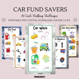 Car Fund Digital Challenges - afdrukbare A6-pdf-downloadbundel, UK US Euro - budgettering Kassa, apk, verzekering, wassen, reparatietrackers