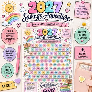 Puede incluir: Una hoja de desafío 2027 Savings Adventure con círculos coloridos con cantidades de dinero, un sol, un arcoíris y corazones. El texto dice 2027 Savings Adventure, Save a little, dream a lot!, Small steps today... Big dreams tomorrow! y Congratulations You Saved £2,027.