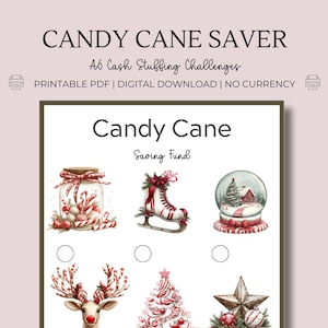 May include: Printable Candy Cane Saver with 6 cash stuffing challenges. The printable features a red and white candy cane jar, a red and white ice skate, a snow globe with a red and white roofed house, a red and white reindeer, a red and white Christmas tree, and a red and white star.