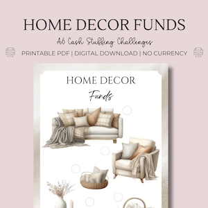 May include: Printable home decor funds cash stuffing challenge. The printable features a beige couch with pillows and a beige armchair with pillows. The printable also includes a basket with pillows, a vase with dried flowers, and a candle.