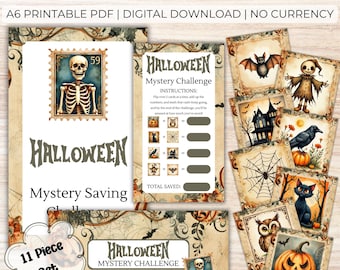 Desafio de economia misteriosa vintage de Halloween – Jogo de cartas em PDF, pastas de orçamento para impressão A6, dinheiro economizado, SparChallenges, A4 EUA