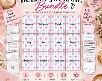 Bundel met printbare bullet journal-pagina's, 144 planner- en gewoonte-trackerpagina's, A4, A5 en US Letter-formaat.
