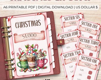 1K Christmas Fund Challenge – 6 Part Printable Savings Tracker, Instant PDF US Dollars, Low Income Friendly Cash Envelope & Binder Game