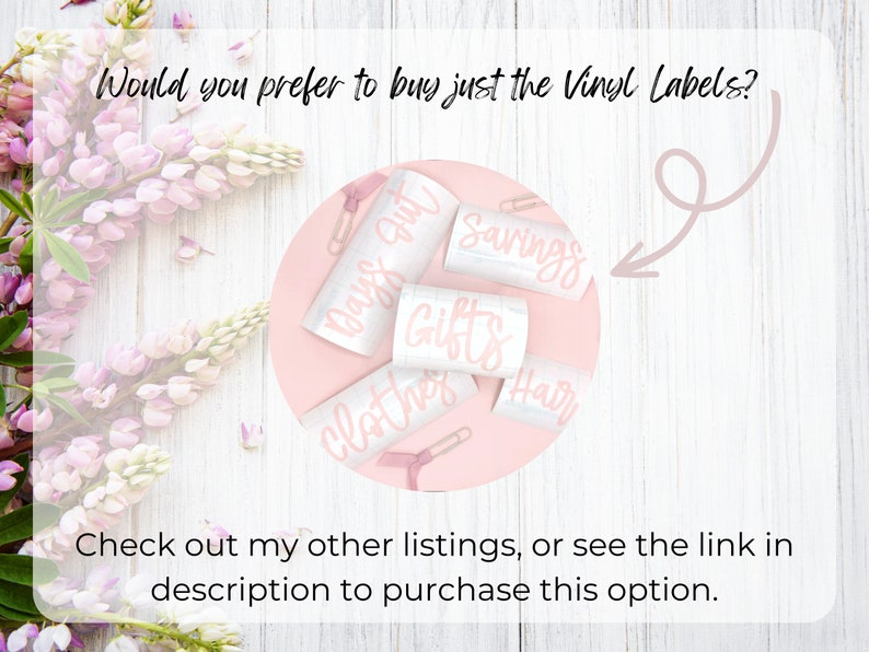 May include: A close-up of a set of pink vinyl labels with the words "Days Out", "Savings", "Gifts", "Clothes", and "Hair" written on them. The labels are on a pink background with a white wooden surface in the background.