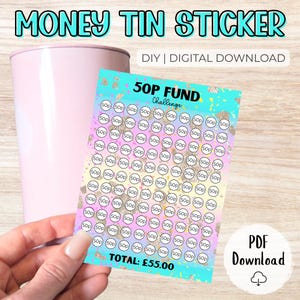 50p Money Challenge Money Tin Sticker – Digital Download | UK Printable Label | Save 55+ | Fun Savings Tracker for Sealed Tins