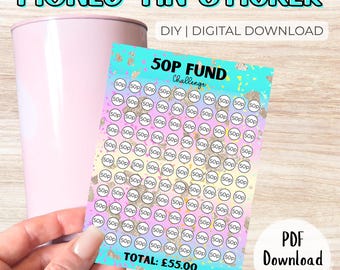 50pMoney Challenge Geldbeutel Aufkleber - Digital Download | UK Etikett | Sparen Sie 55+ | Fun Ersparnis Tracker für versiegelte Dosen