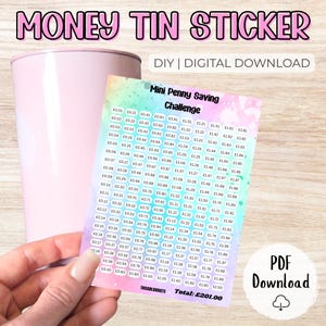 Mini Penny Challenge Money Tin Sticker – Digital Download | UK A6 Printable Label | Save 200+ | Fun Savings Tracker for Sealed Tins