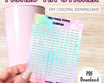 Mini Penny Challenge Geldbeutel Aufkleber - Digital Download | UK A6 Etikett | Spare 200+ | Fun Ersparnis Tracker für versiegelte Dosen