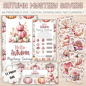 May include: A set of 11 printable autumn-themed mystery saving challenges. The design features watercolour pumpkins, floral accents, and the text "Hello Autumn Mystery Saving". The set includes various cards and a challenge sheet.