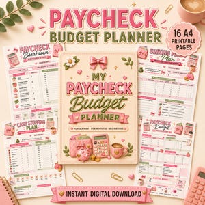 May include: A 16-page A4 printable budget planner set featuring a central cover with a pink bow, piggy bank, calculator, and coffee cup. The pages include sections for paycheck breakdown, sinking funds, cash stuffing, and budget tracking in pink.