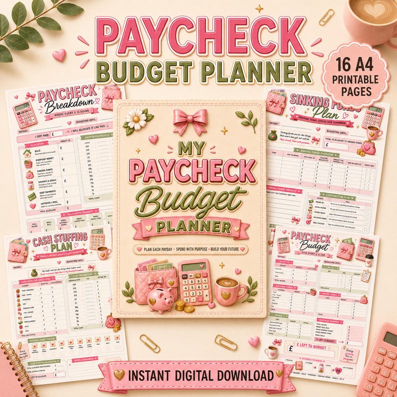 May include: A 16-page A4 printable budget planner set featuring a central cover with a pink bow, piggy bank, calculator, and coffee cup. The pages include sections for paycheck breakdown, sinking funds, cash stuffing, and budget tracking in pink.