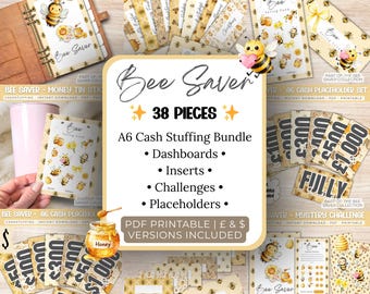 Paquete de ahorro de dinero Bee Saver A6 / Kit de carpeta de presupuesto imprimible de 38 piezas / Inserciones para tableros, marcadores de posición y desafíos / PDF para Reino Unido, EE. UU. y Europa