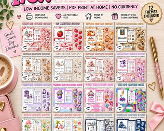 Op de afbeelding: Een digitale collectie van 176 A6 mystery spaartrackers met 12 thema's, waaronder Kerstmis, Halloween, herfst en zomer. De set bevat printbare PDF-bestanden voor thuisgebruik, ontworpen voor cash stuffing, met diverse kleurrijke afbeeldingen.
