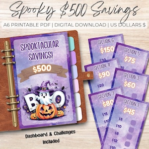 May include: A digital Halloween-themed savings challenge. The design features a spooky ghost, jack-o'-lantern, and the text "Spooktacular Savings!" with a $500 goal. Includes a dashboard and challenge cards for tracking savings.