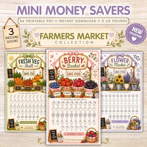 Farmers Market Savings Challenge Bundle | 3 Printable Cash Stuffing Trackers | A6 Budget Binder Insert | Mini Savings PDF | UK Pounds