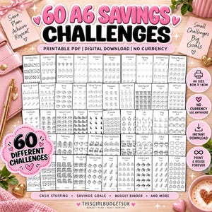 Könnte beinhalten: Eine Sammlung von 60 A6-Spar-Challenge-Vorlagen mit verschiedenen Symbolen für finanzielle Ziele. Das druckbare PDF enthält Beschriftungen wie Roll the Dice, Father's Day und Home Repairs. Jede Karte misst 8cm x 14cm für Budget-Planer.