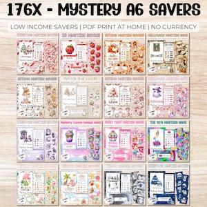 Puede incluir: Una colección de ahorradores misteriosos A6 imprimibles con varios temas, incluyendo Navidad, Halloween y otoño. Cada diseño presenta ilustraciones coloridas y texto, perfecto para presupuestar y planificar las finanzas. El texto "176X - MYSTERY A6 SAVERS" está en la parte superior.