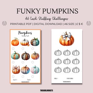 Puede incluir: Descarga PDF imprimible en tamaño A6 de un desafío de llenado de efectivo con temática de calabaza. El imprimible incluye un rastreador de ahorros con calabazas ilustradas y una hoja separada con calabazas en blanco para escribir objetivos de ahorro.