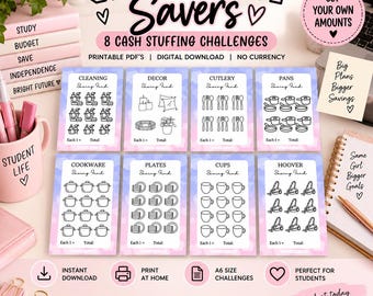 May include: A digital download set of 8 cash stuffing challenge cards with a pastel blue and pink cloud background. Each card features black line art icons for savings goals like cleaning, decor, cutlery, pans, cookware, plates, cups, and a hoover.