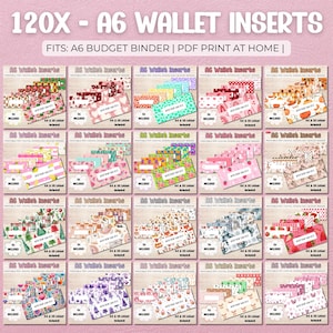 以下が含まれることがあります： さまざまなデザインのA6ウォレットインサートのコレクション。花柄、フルーツ、ホリデーテーマなどがあります。インサートはA6予算バインダーに適合するように設計されており、PDF印刷可能ファイルとして利用できます。「120X - A6 WALLET INSERTS」というテキストが上部にあります。