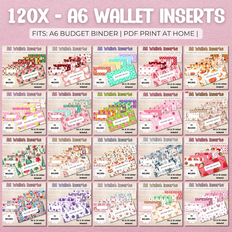 120x A6-plånboksinlägg | Utmaningar för kontantfyllning | Budgetpärmsinlägg | Spar- och pengaspårare | Utskrivbart kalenderset i PDF-format bild 1