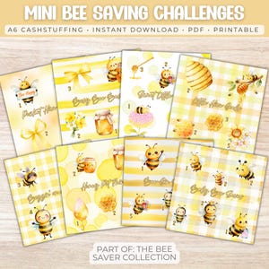 May include: A set of A6 printable cash stuffing saving challenges with bee-themed designs. The cards feature illustrations of bees, honeycombs, and flowers, with titles such as "Pocket Hive" and "Busy Bee Buds". The cards are in shades of yellow and white.