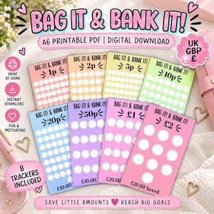 May include: A set of eight A6 printable digital download savings trackers titled BAG IT & BANK IT. Each colourful card features rows of white circles for tracking amounts from 1p to £2, with text indicating the goal and total saved amounts.