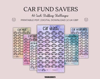 May include: A set of A6 cash stuffing challenge trackers featuring watercolor backgrounds in various colors. Each card displays a specific car-related savings goal, such as car wash, MOT, tax, and insurance, with rows of small car icons for tracking progress.