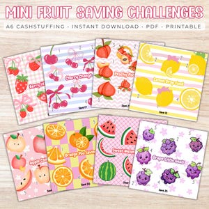 May include: Printable A6 cash stuffing saving challenges with fruit illustrations. Designs include strawberries, cherries, peaches, lemons, apples, oranges, watermelon, and grapes. Text includes "Mini Fruit Saving Challenges" and saving amounts. Metric measurements.
